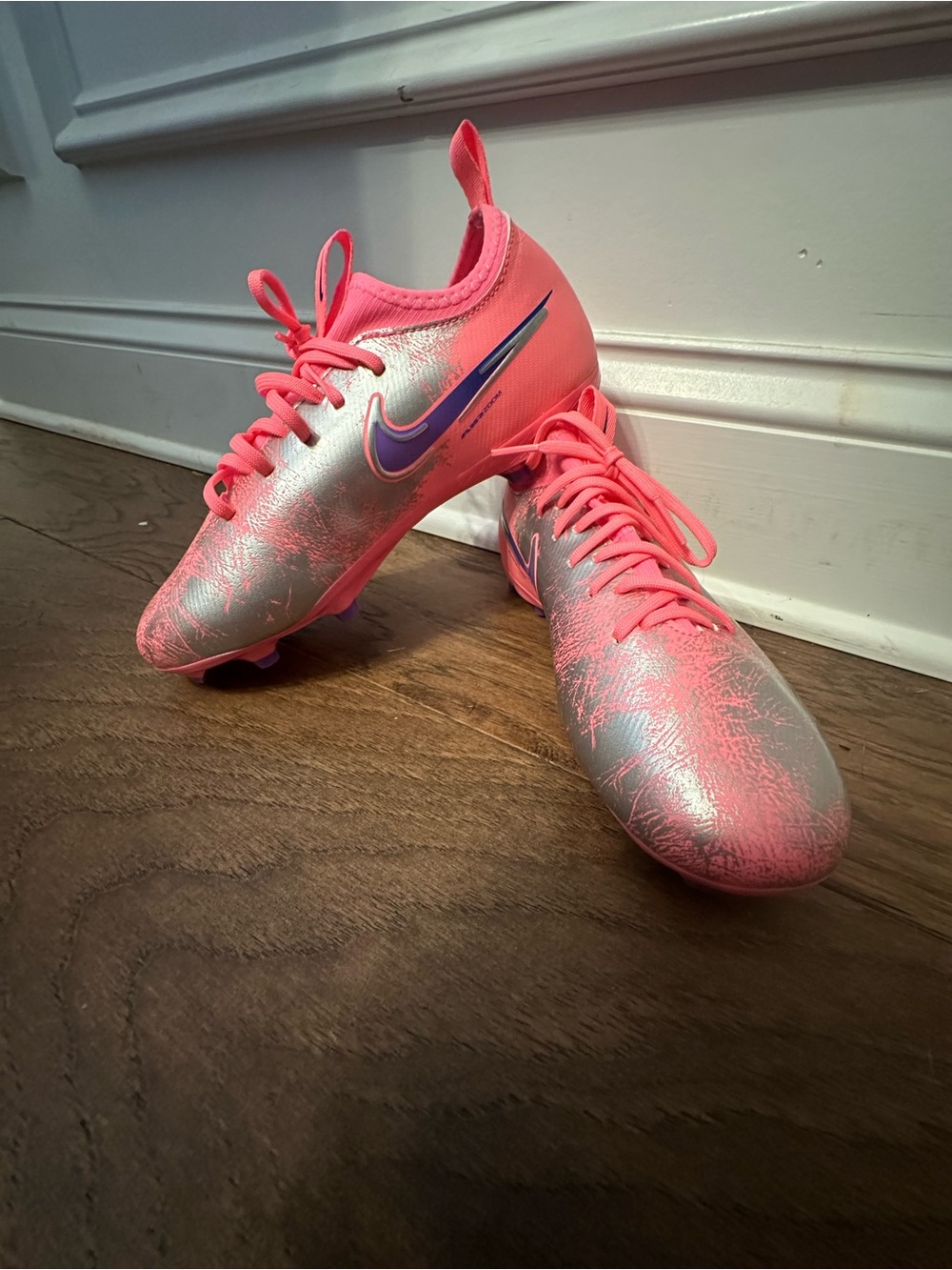 Nike Kids Soccer Cleats - Pink with Silver and Purple Swoosh Sz 3.5
